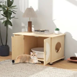 Katzenschrank für Katzentoilette mit Kratztüren aus Sisal & Katzenloch Katzenklo Schrank 82 x 48 x 52 cm