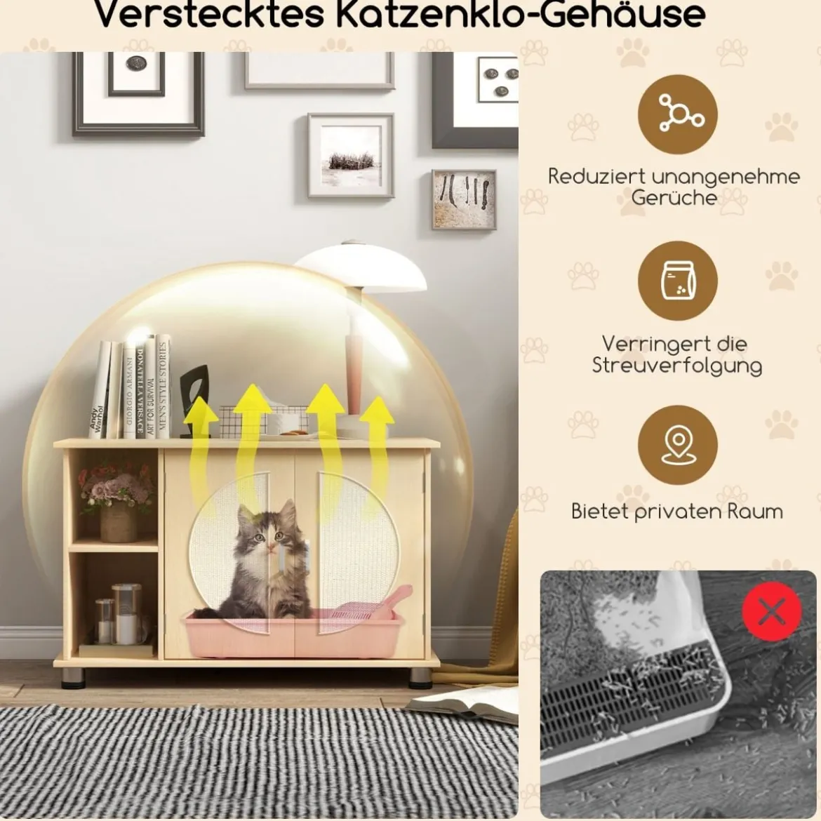 Katzenschrank für Katzentoilette mit Kratztüren aus Sisal & Katzenloch Katzenklo Schrank 82 x 48 x 52 cm