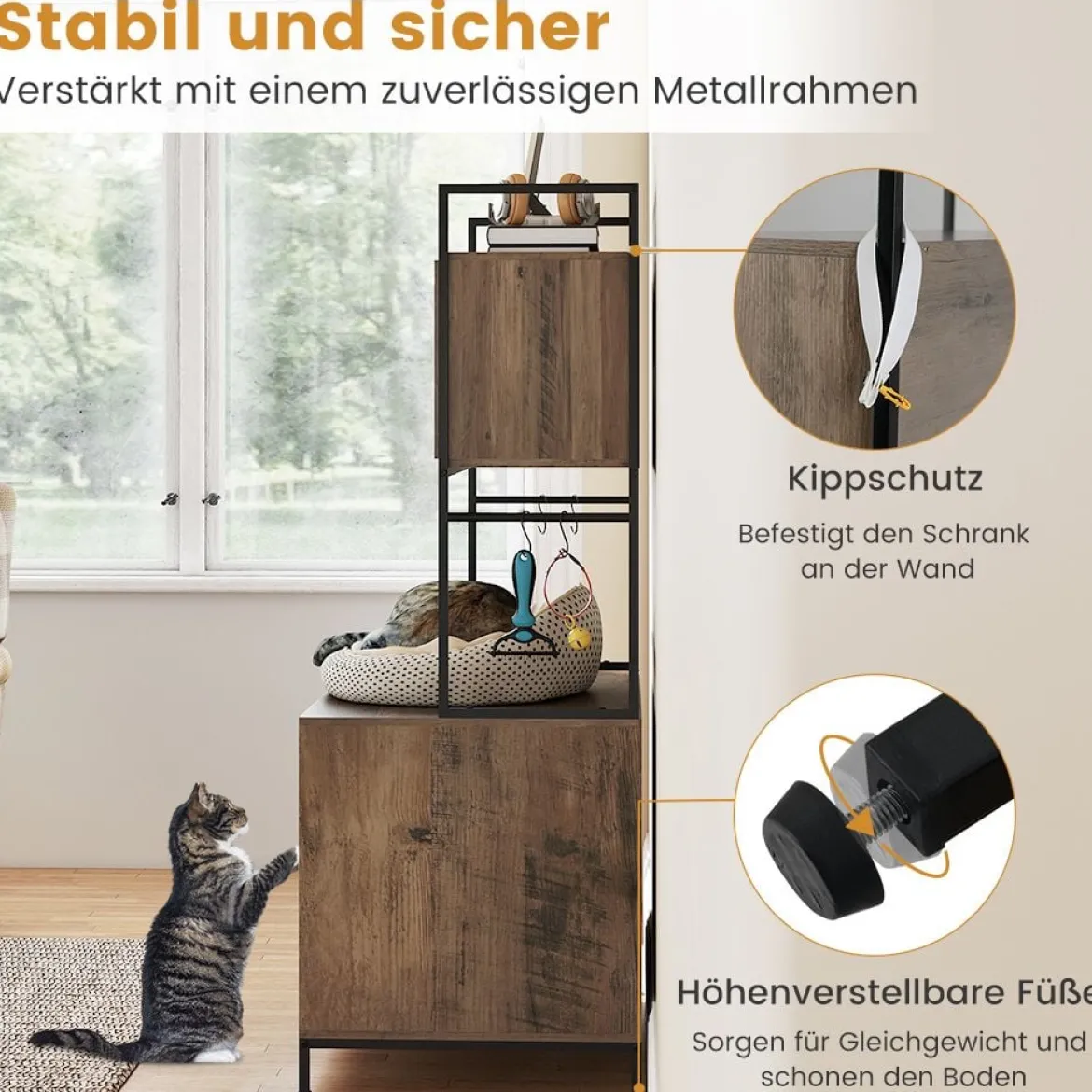 Katzenschrank für Katzentoilette mit Regalen & Kratzbrett & Eingang Katzenhaus Katzenmöbel Grau