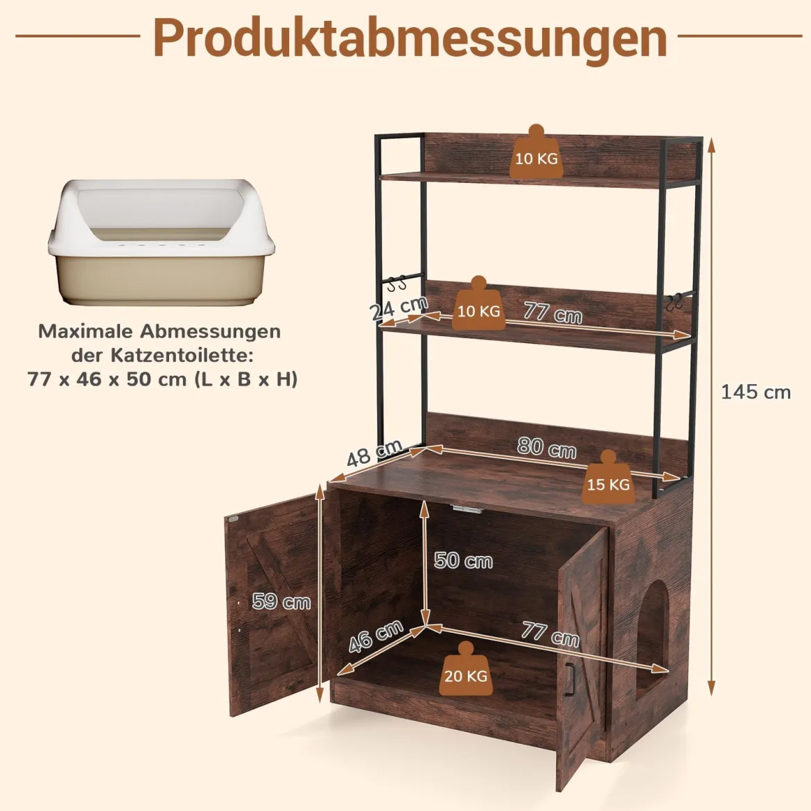 Katzenschrank für Katzentoilette mit Bücherregal Katzenklo Schrank Katzenhaus mit Eingang Braun