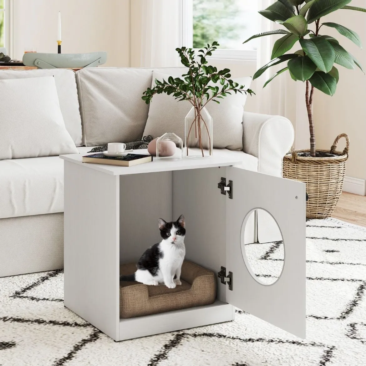Katzenschrank Katzenklo Schrank Katzentoilette mit Tür & großem Eingang Weiß 51 x 47 x 57 cm