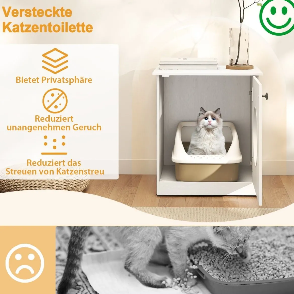 Katzenschrank Katzenklo Schrank Katzentoilette mit Tür & großem Eingang Weiß 51 x 47 x 57 cm