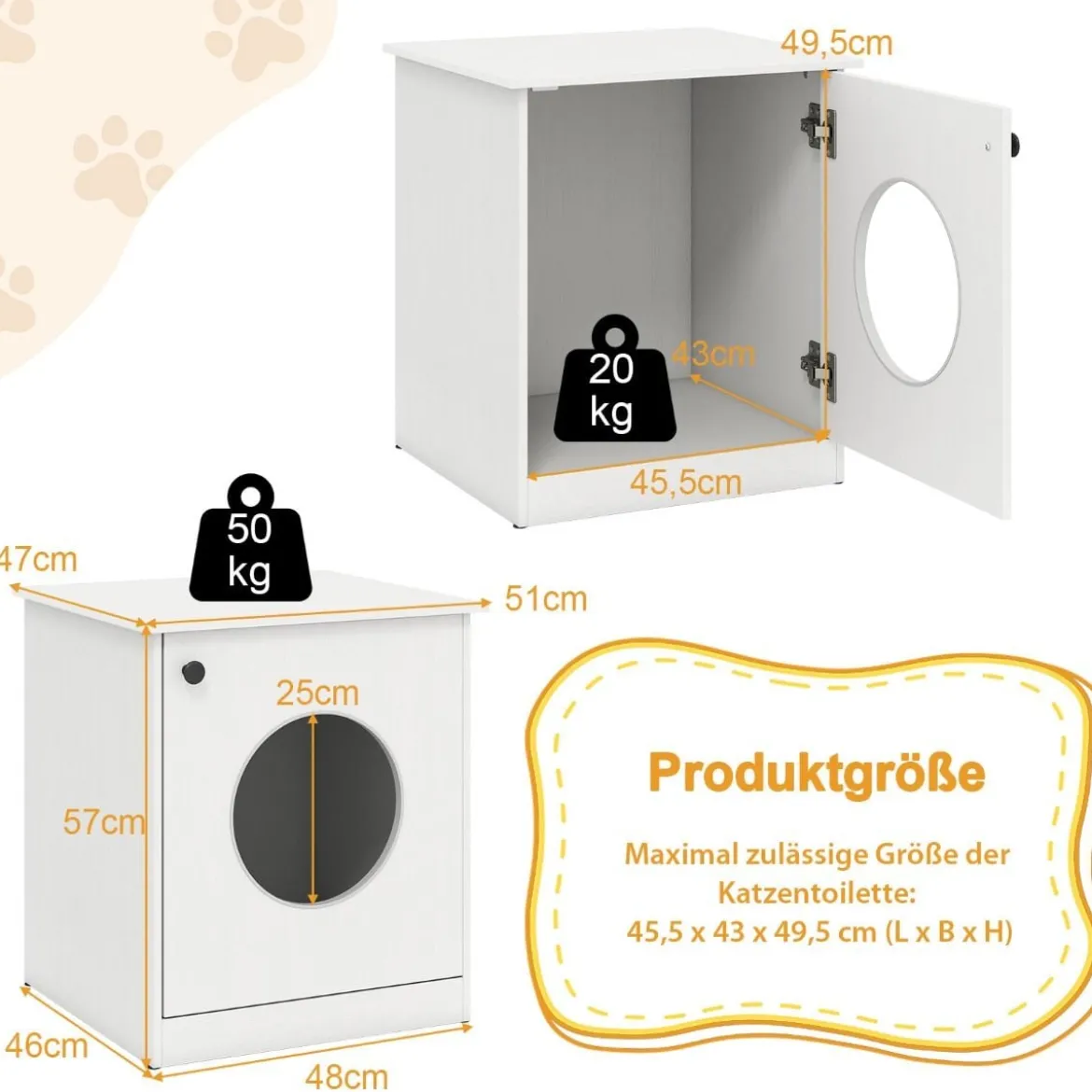 Katzenschrank Katzenklo Schrank Katzentoilette mit Tür & großem Eingang Weiß 51 x 47 x 57 cm
