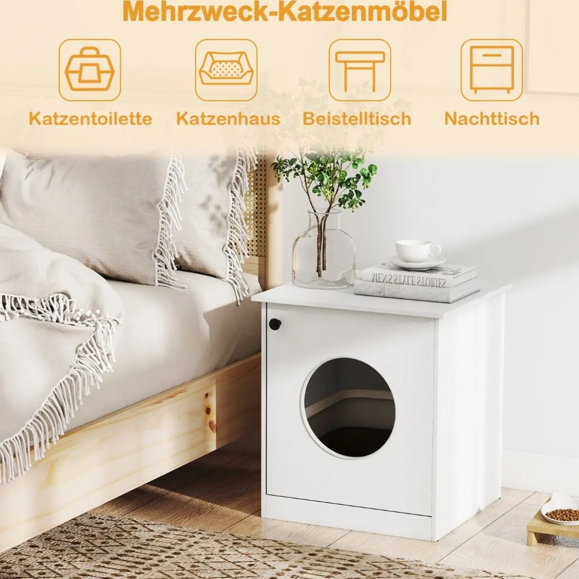Katzenschrank Katzenklo Schrank Katzentoilette mit Tür & großem Eingang Weiß 51 x 47 x 57 cm