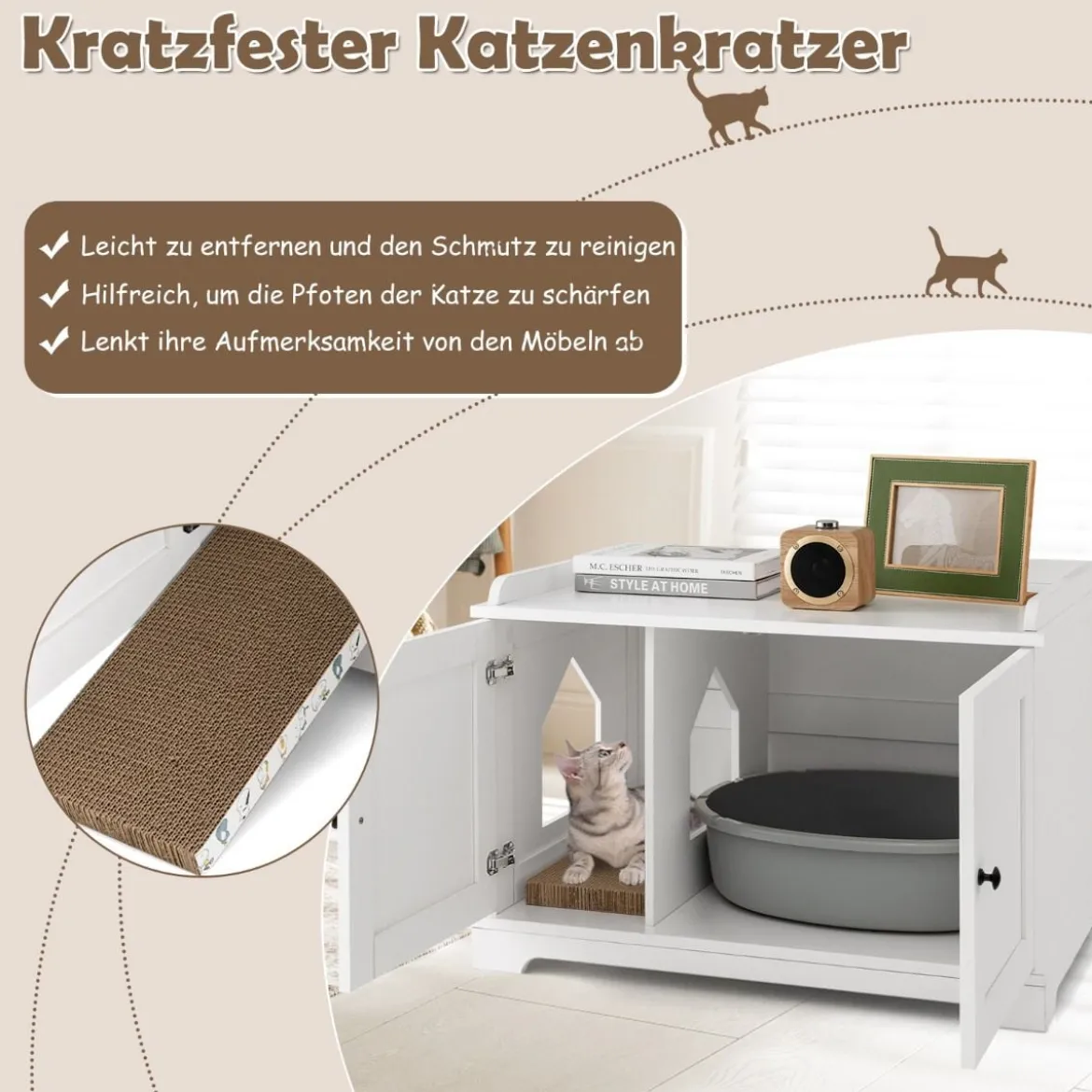 Katzenschrank Katzentoilette mit Doppeltüren & Eingang & Kratzbrett Weiß
