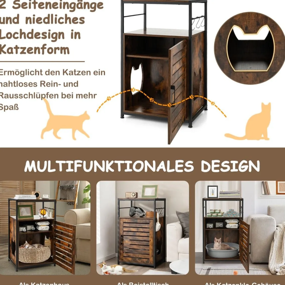 Katzenschrank Katzentoilette mit Lamellentür & Eingang Katzenhaus mit Regal & Haken Braun