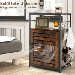 Katzenschrank Katzentoilette mit Lamellentür & Eingang Katzenhaus mit Regal & Haken Braun