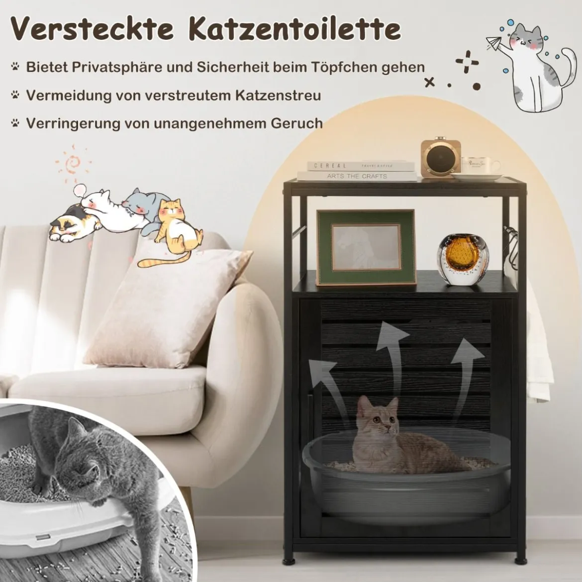 Katzenschrank Katzentoilette mit Lamellentür & Eingang Katzenhaus mit Regal & Haken Schwarz