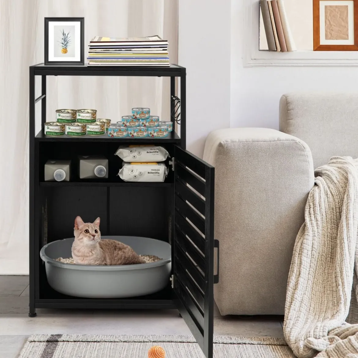 Katzenschrank Katzentoilette mit Lamellentür & Eingang Katzenhaus mit Regal & Haken Schwarz