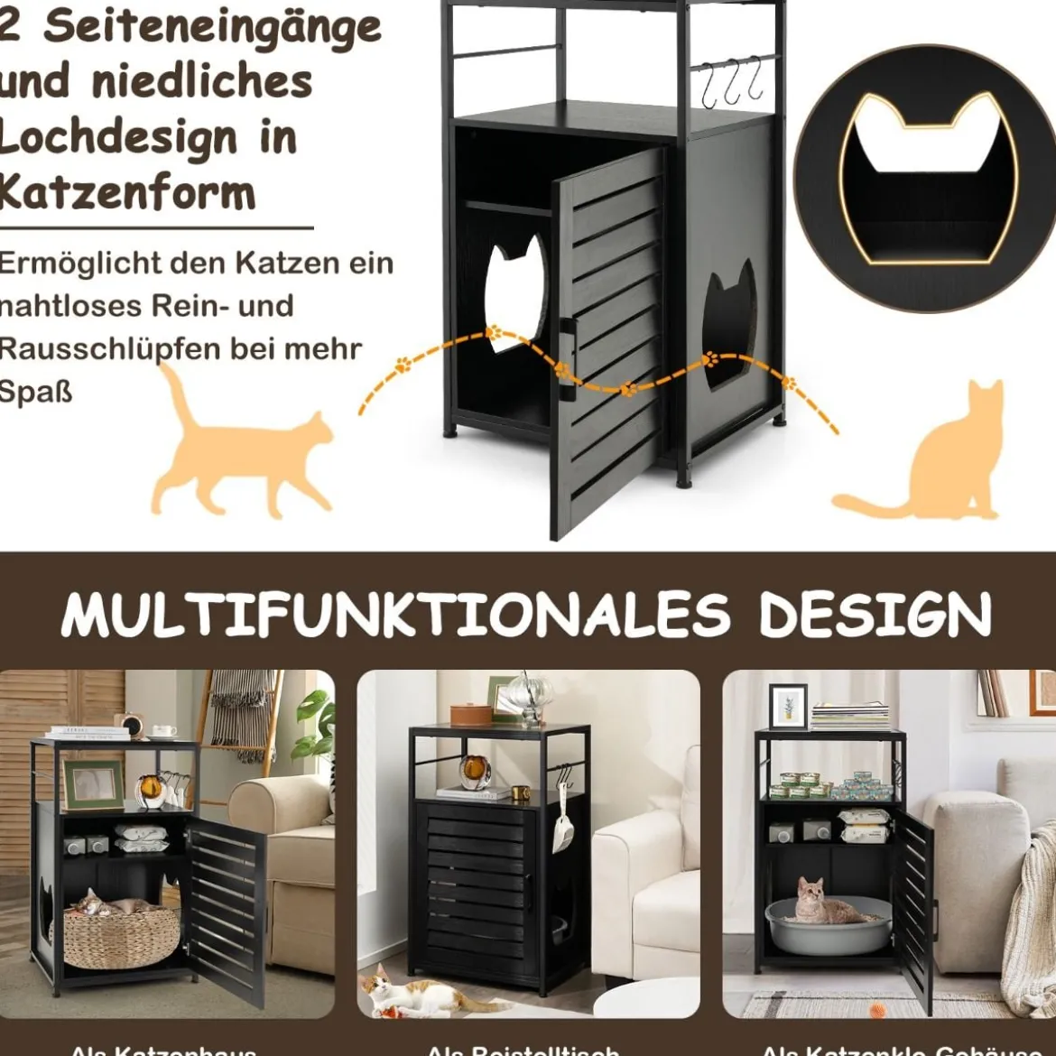 Katzenschrank Katzentoilette mit Lamellentür & Eingang Katzenhaus mit Regal & Haken Schwarz