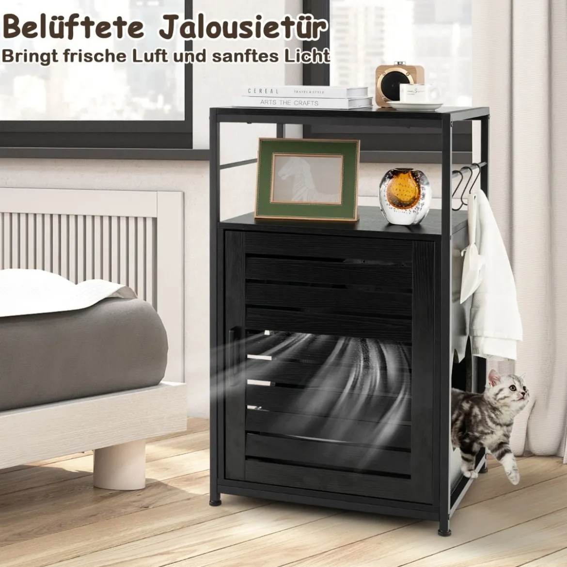 Katzenschrank Katzentoilette mit Lamellentür & Eingang Katzenhaus mit Regal & Haken Schwarz