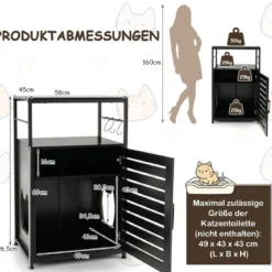 Katzenschrank Katzentoilette mit Lamellentür & Eingang Katzenhaus mit Regal & Haken Schwarz