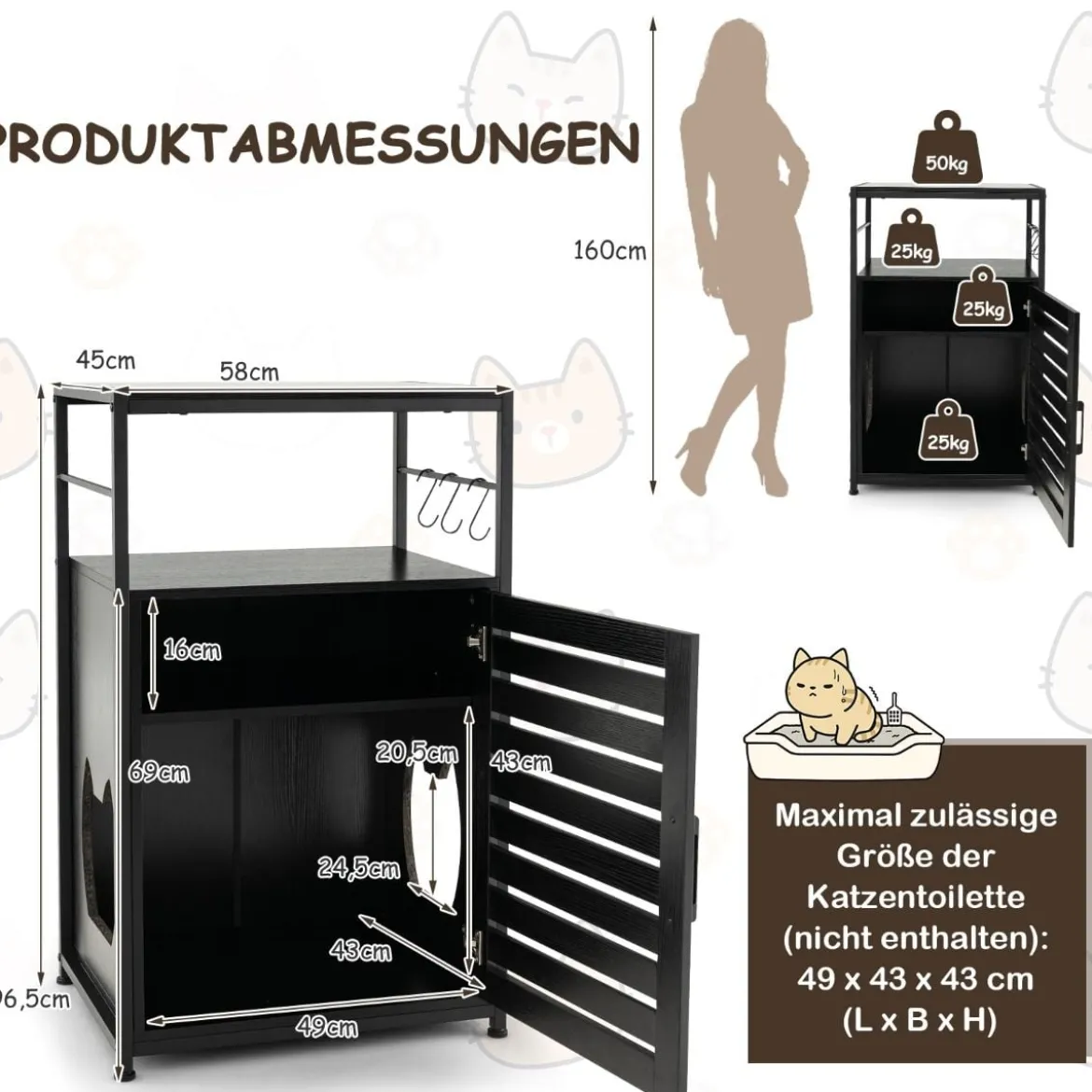 Katzenschrank Katzentoilette mit Lamellentür & Eingang Katzenhaus mit Regal & Haken Schwarz
