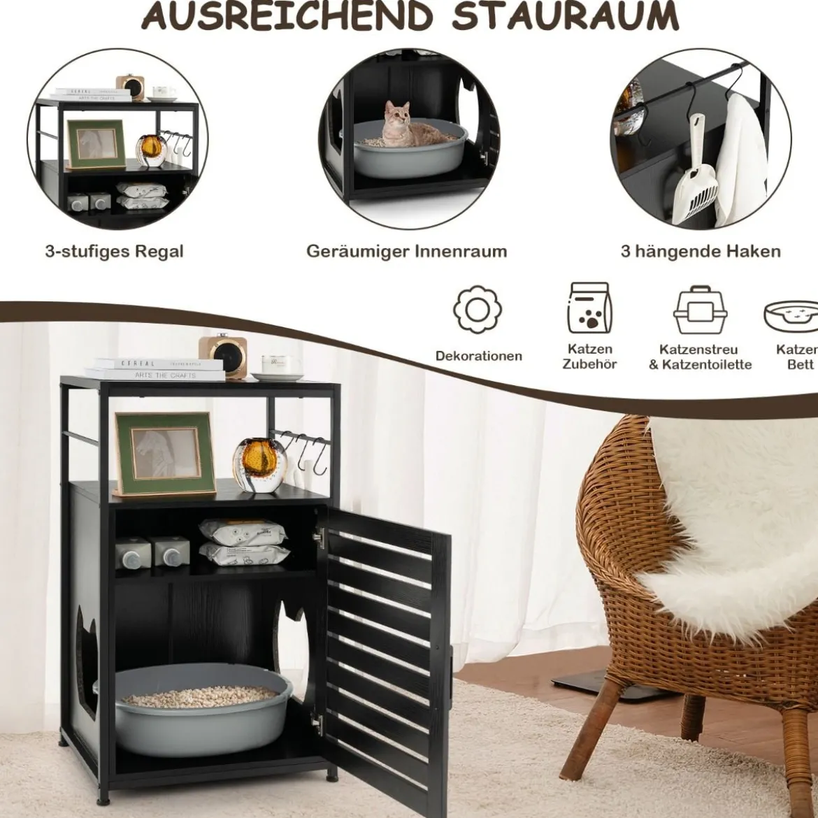 Katzenschrank Katzentoilette mit Lamellentür & Eingang Katzenhaus mit Regal & Haken Schwarz