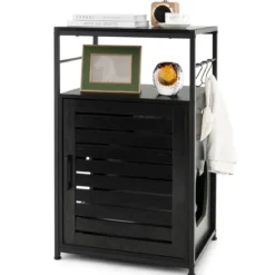 Katzenschrank Katzentoilette mit Lamellentür & Eingang Katzenhaus mit Regal & Haken Schwarz