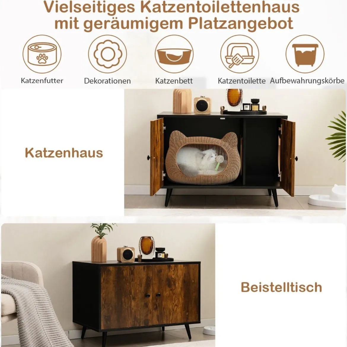 Katzenschrank Katzentoilette Katzenhaus mit Doppeltüren & Eingang 80 x 50 x 57 cm Schwarz + Natur