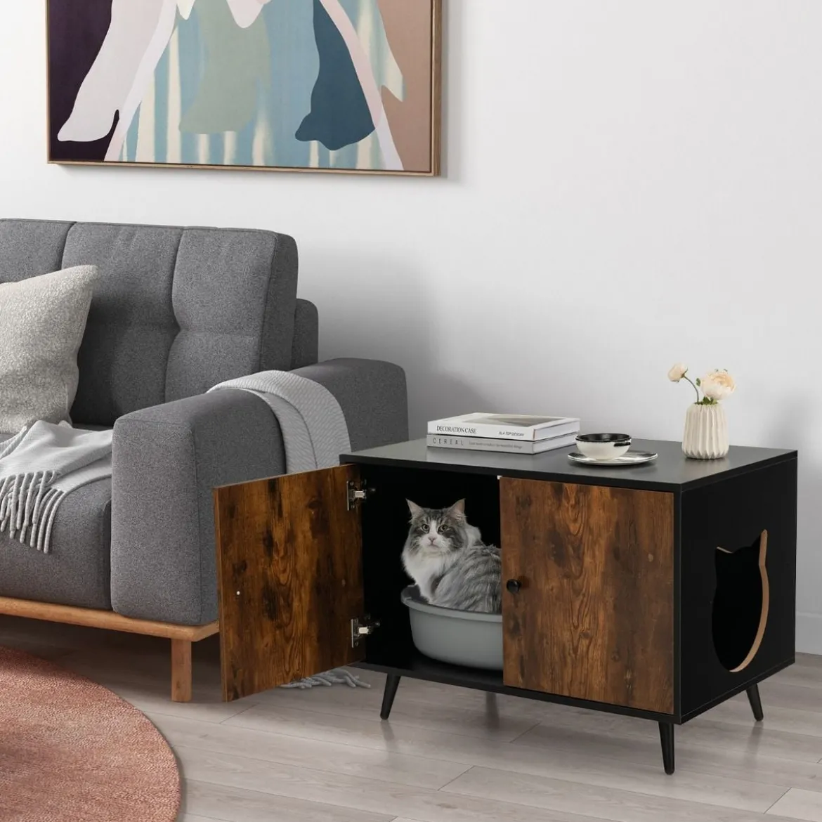Katzenschrank Katzentoilette Katzenhaus mit Doppeltüren & Eingang 80 x 50 x 57 cm Schwarz + Natur