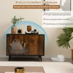 Katzenschrank Katzentoilette Katzenhaus mit Doppeltüren & Eingang 80 x 50 x 57 cm Schwarz + Natur