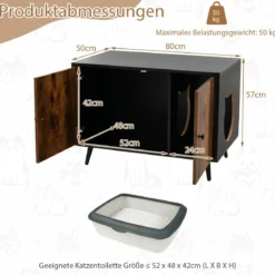 Katzenschrank Katzentoilette Katzenhaus mit Doppeltüren & Eingang 80 x 50 x 57 cm Schwarz + Natur