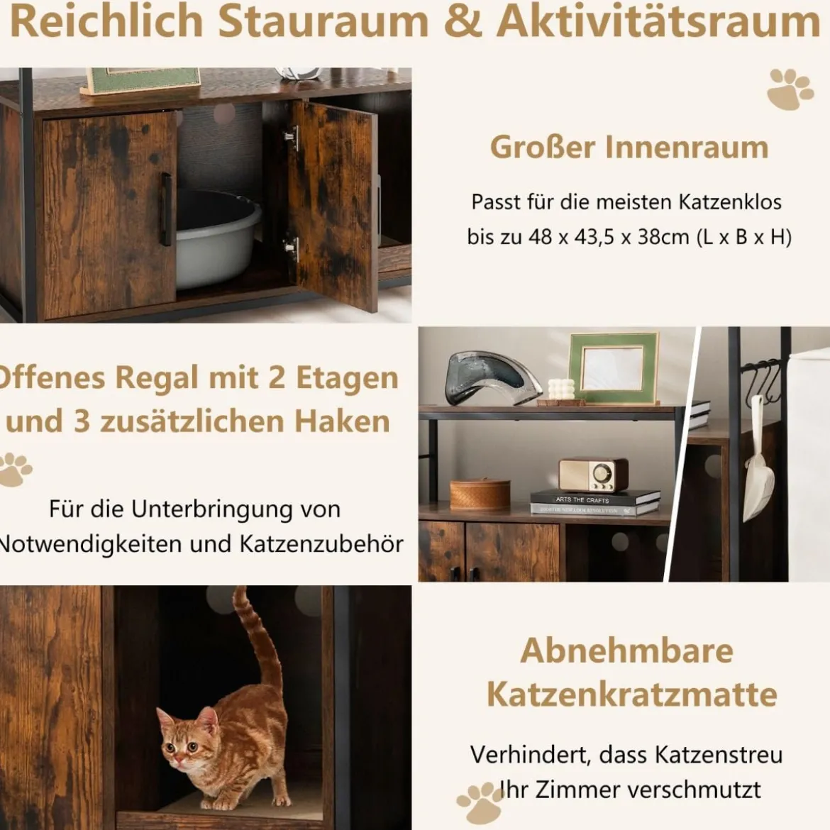 Katzenschrank Katzentoilette mit Doppeltüren & Kratzunterlage Katzenhaus mit Haken Braun