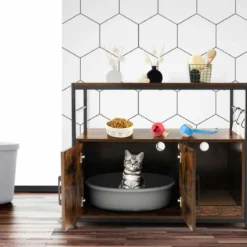 Katzenschrank Katzentoilette mit Doppeltüren & Kratzunterlage Katzenhaus mit Haken Braun