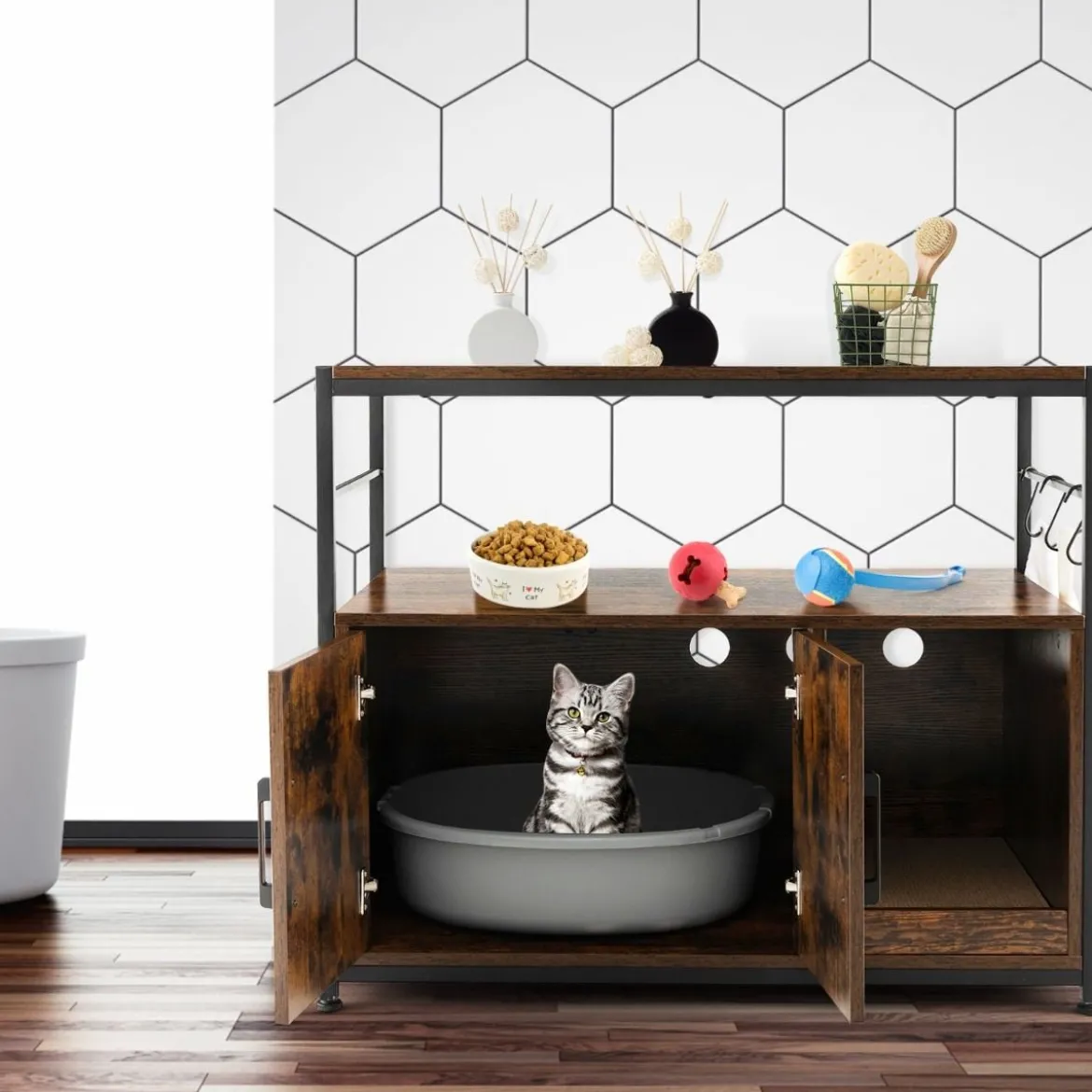Katzenschrank Katzentoilette mit Doppeltüren & Kratzunterlage Katzenhaus mit Haken Braun