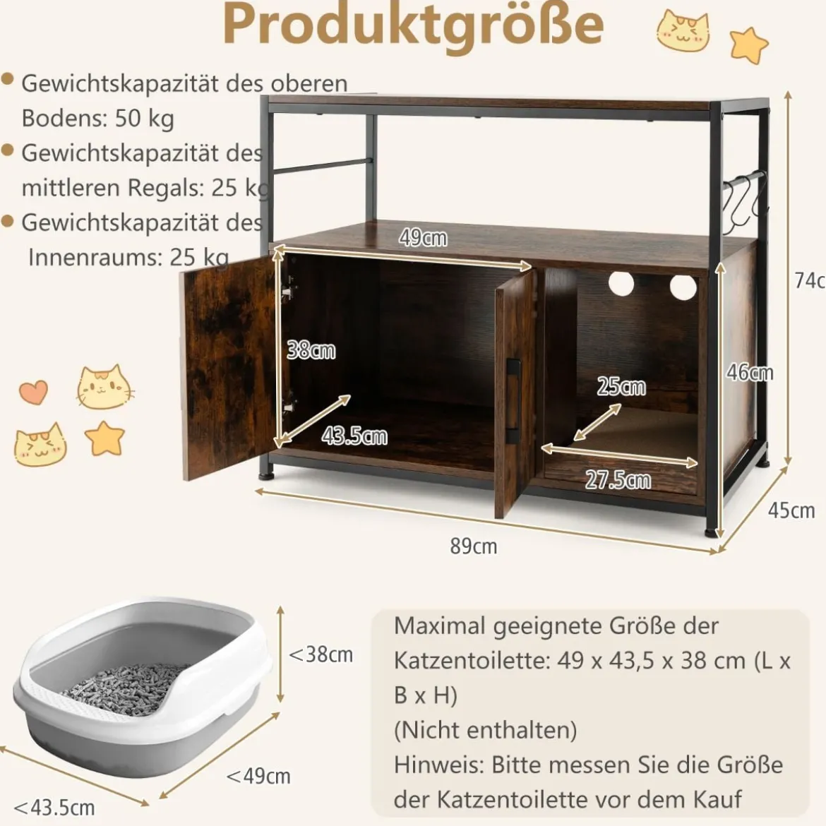 Katzenschrank Katzentoilette mit Doppeltüren & Kratzunterlage Katzenhaus mit Haken Braun