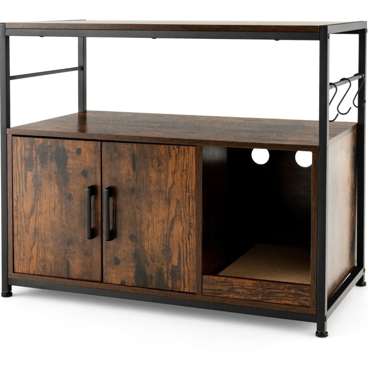 Katzenschrank Katzentoilette mit Doppeltüren & Kratzunterlage Katzenhaus mit Haken Braun