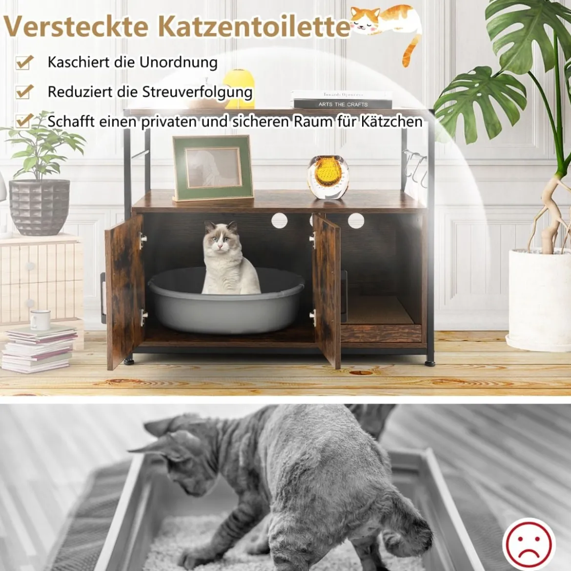 Katzenschrank Katzentoilette mit Doppeltüren & Kratzunterlage Katzenhaus mit Haken Braun