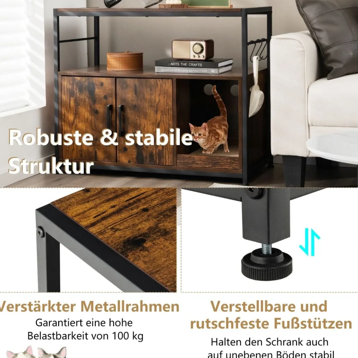 Katzenschrank Katzentoilette mit Doppeltüren & Kratzunterlage Katzenhaus mit Haken Braun