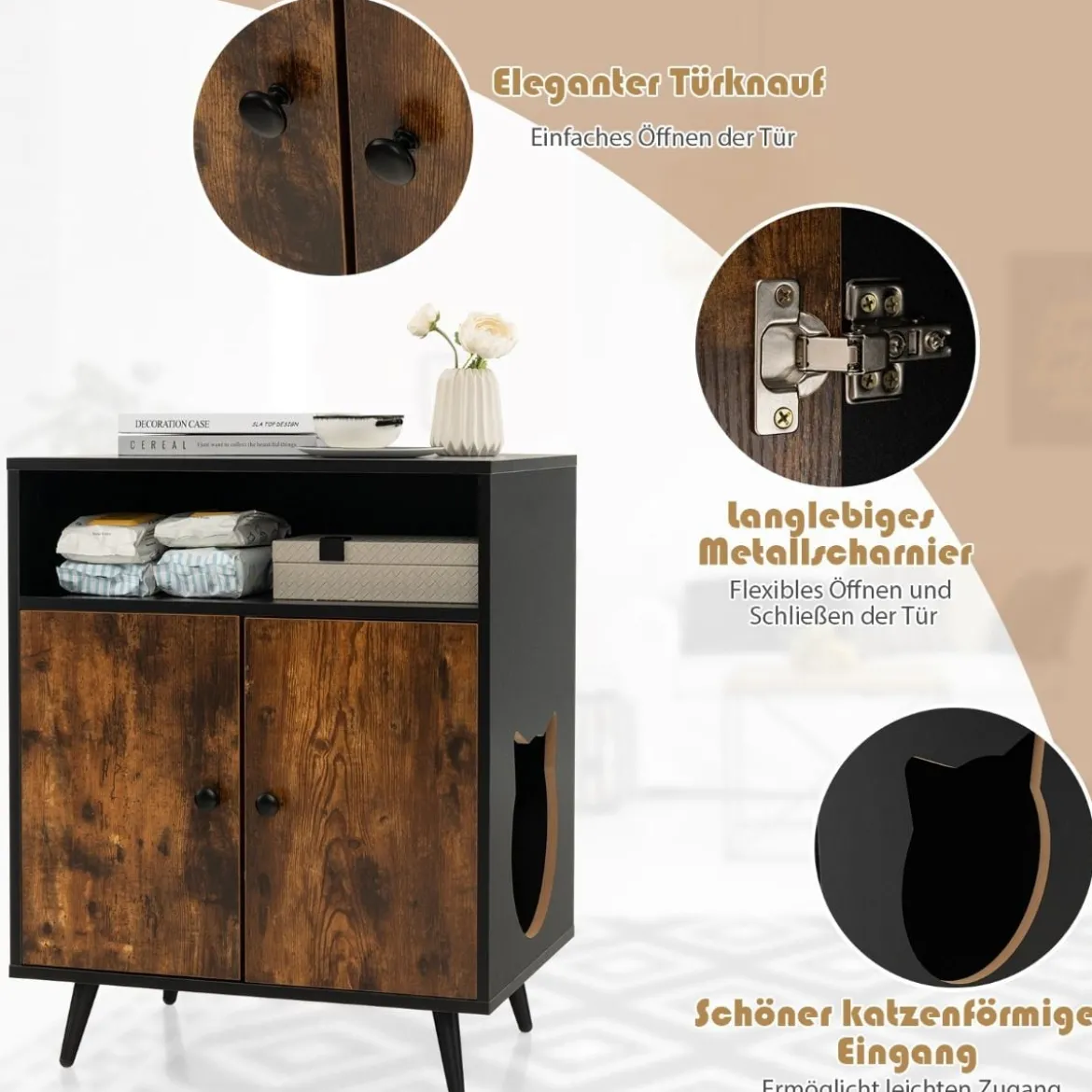 Katzenschrank Katzentoilette Katzenhaus mit Doppeltüren & Eingang 60 x 45 x 75 cm Schwarz + Natur