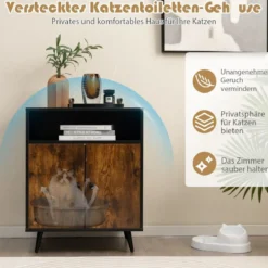 Katzenschrank Katzentoilette Katzenhaus mit Doppeltüren & Eingang 60 x 45 x 75 cm Schwarz + Natur