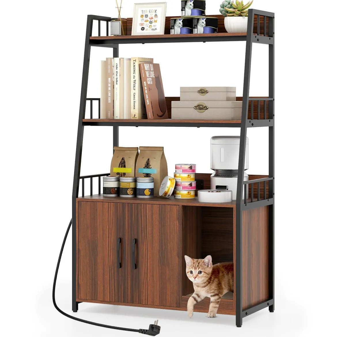 Katzenschrank mit Bücherregal Ladestation 3 Ebenen Kratzmatte & Eingang 80 x 40 x 132cm Walnuss