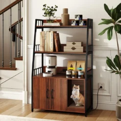 Katzenschrank mit Bücherregal Ladestation 3 Ebenen Kratzmatte & Eingang 80 x 40 x 132cm Walnuss