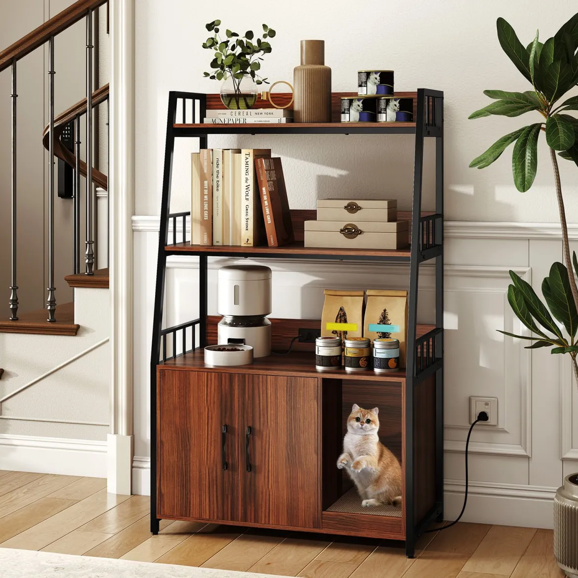 Katzenschrank mit Bücherregal Ladestation 3 Ebenen Kratzmatte & Eingang 80 x 40 x 132cm Walnuss