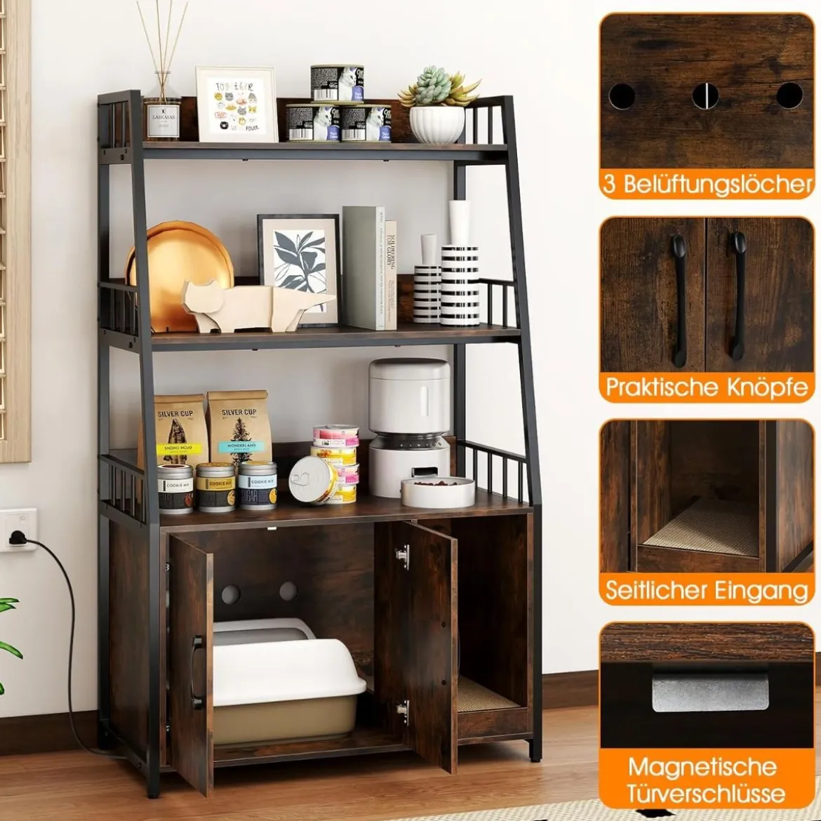 Katzenschrank mit Bücherregal Ladestation 3 Ebenen Kratzmatte & Eingang 80 x 40 x 132cm Braun