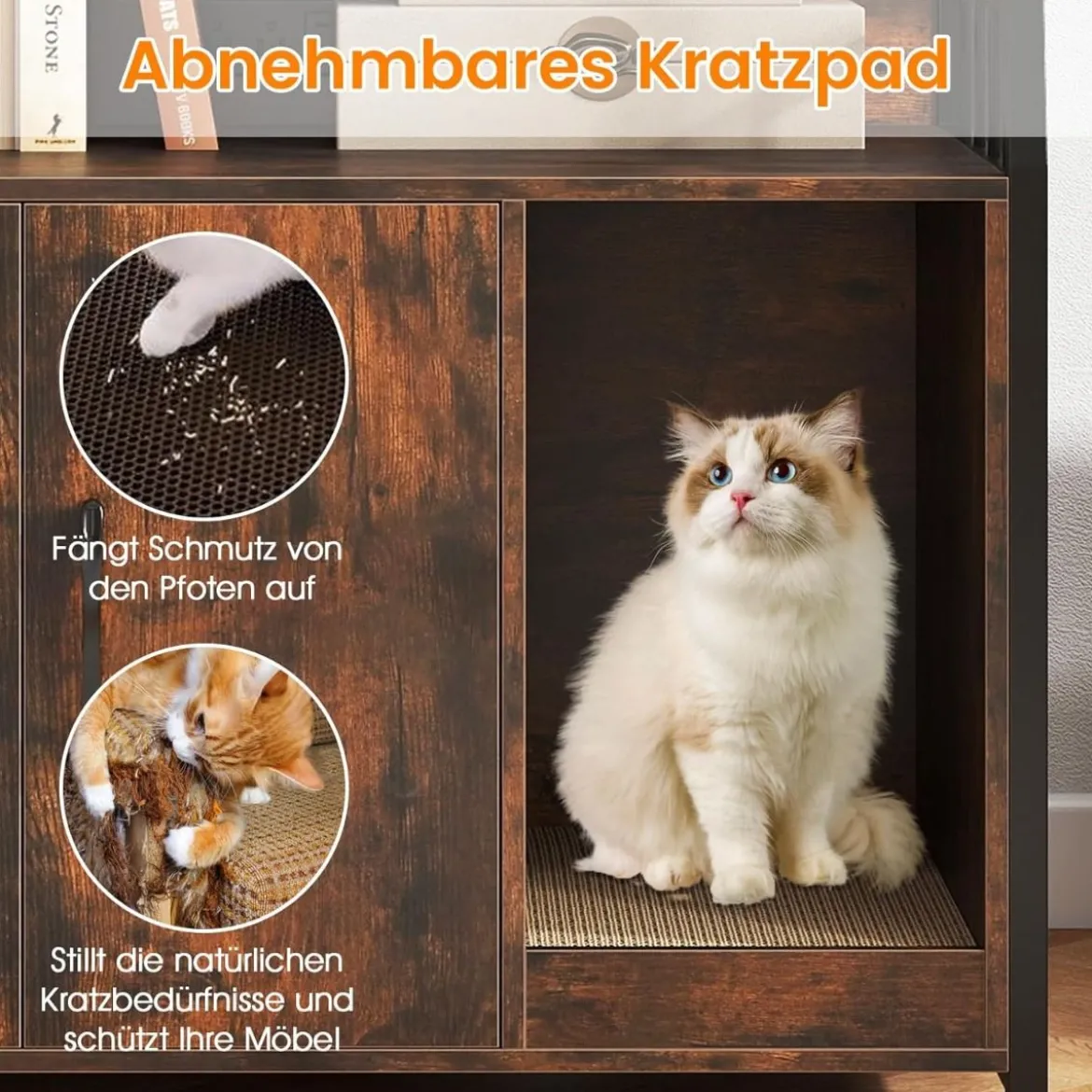 Katzenschrank mit Bücherregal Ladestation 3 Ebenen Kratzmatte & Eingang 80 x 40 x 132cm Braun