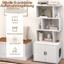 Katzenschrank mit Bücherregal Katzenklo Schrank für Katzentoilette 60 x 45,5 x 142 cm Weiß/Braun