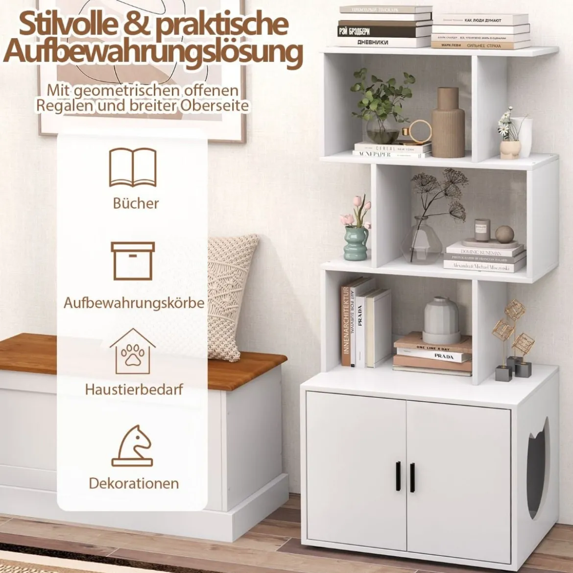 Katzenschrank mit Bücherregal Katzenklo Schrank für Katzentoilette 60 x 45,5 x 142 cm Weiß/Braun