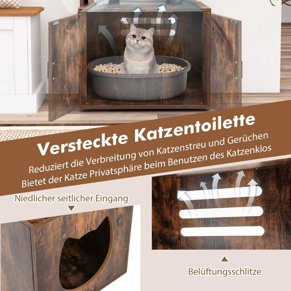 Katzenschrank mit Bücherregal Katzenklo Schrank für Katzentoilette 60 x 45,5 x 142 cm Weiß/Braun
