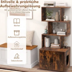 Katzenschrank mit Bücherregal Katzenklo Schrank für Katzentoilette 60 x 45,5 x 142 cm Weiß/Braun