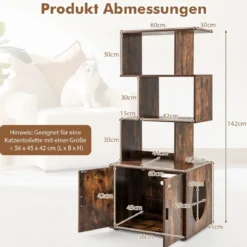 Katzenschrank mit Bücherregal Katzenklo Schrank für Katzentoilette 60 x 45,5 x 142 cm Weiß/Braun