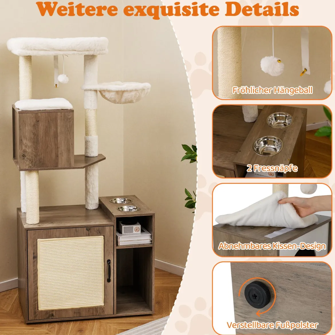 Katzenschrank mit Kratzbaum Katzenturm mit Sisal-Kratzpfosten Kratzmatte & hängendem Ball Katzenbaum Grau
