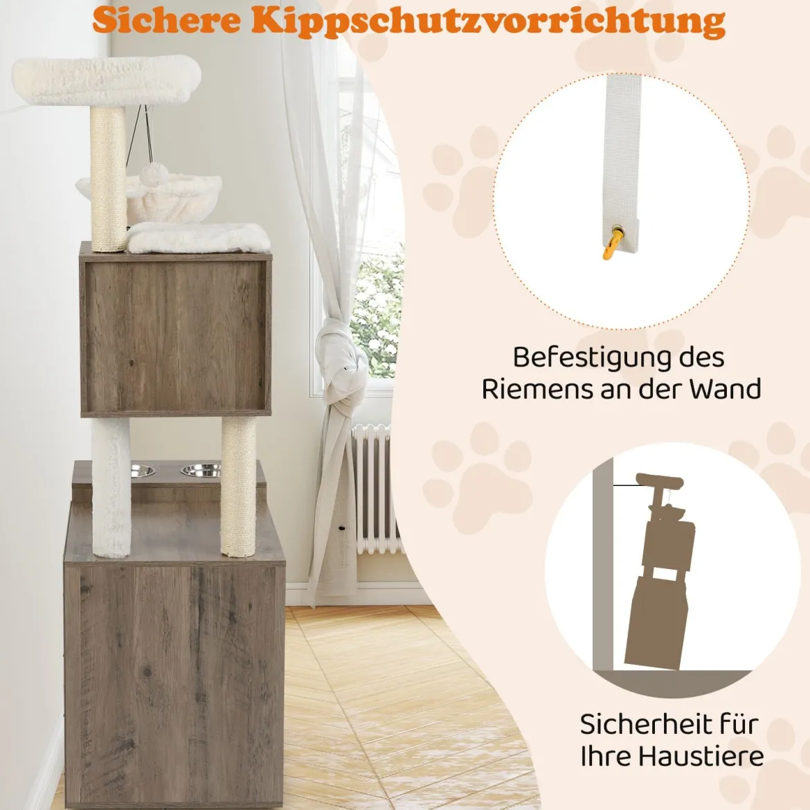 Katzenschrank mit Kratzbaum Katzenturm mit Sisal-Kratzpfosten Kratzmatte & hängendem Ball Katzenbaum Grau