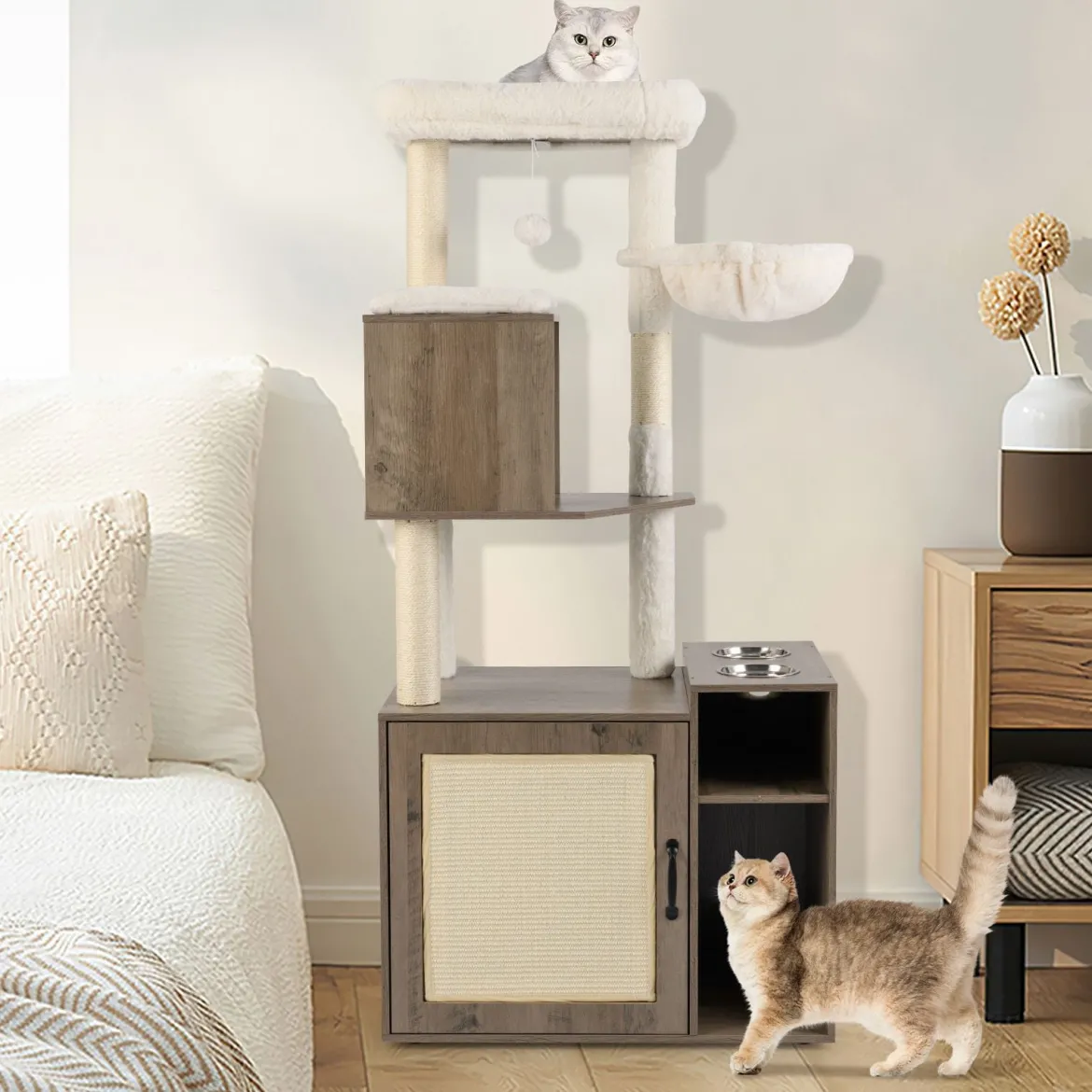 Katzenschrank mit Kratzbaum Katzenturm mit Sisal-Kratzpfosten Kratzmatte & hängendem Ball Katzenbaum Grau
