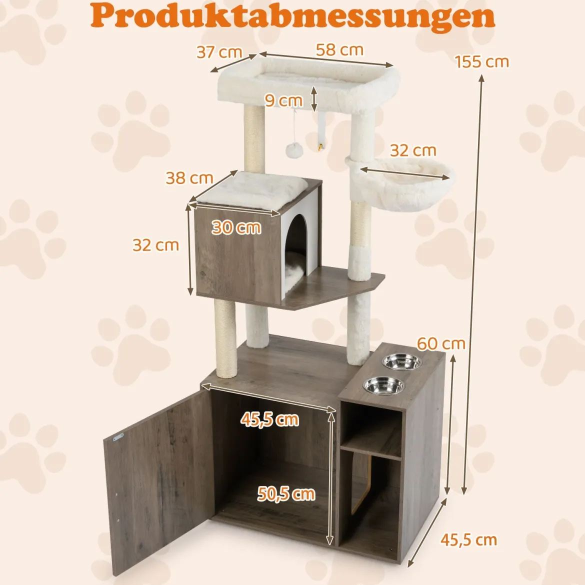 Katzenschrank mit Kratzbaum Katzenturm mit Sisal-Kratzpfosten Kratzmatte & hängendem Ball Katzenbaum Grau