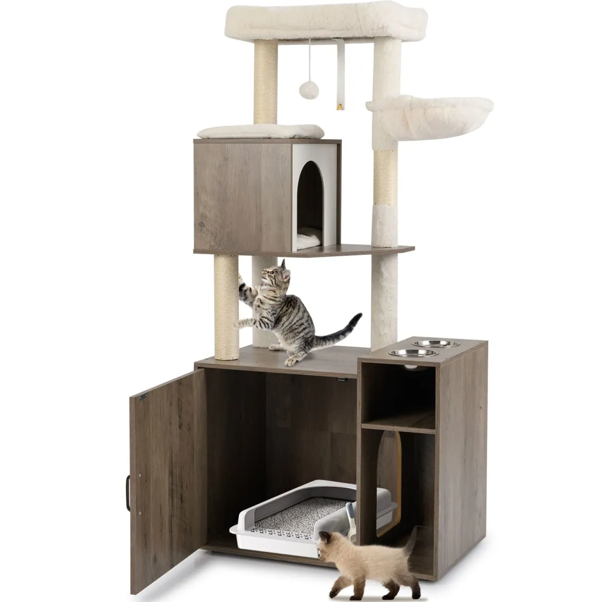 Katzenschrank mit Kratzbaum Katzenturm mit Sisal-Kratzpfosten Kratzmatte & hängendem Ball Katzenbaum Grau