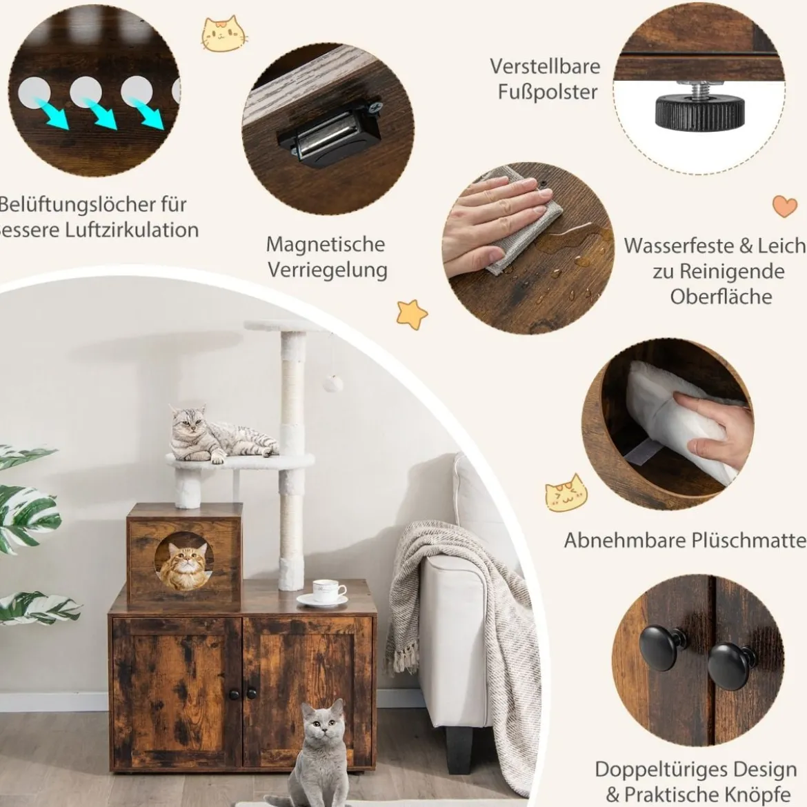 Katzenschrank mit Kratzbaum Gehäuse für Katzentoiletten Katzenmöbel Weiß/Grau/Rustikales Braun