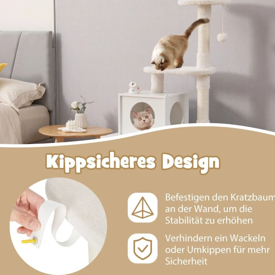 Katzenschrank mit Kratzbaum Gehäuse für Katzentoiletten Katzenmöbel Weiß/Grau/Rustikales Braun