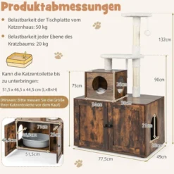 Katzenschrank mit Kratzbaum Gehäuse für Katzentoiletten Katzenmöbel Weiß/Grau/Rustikales Braun